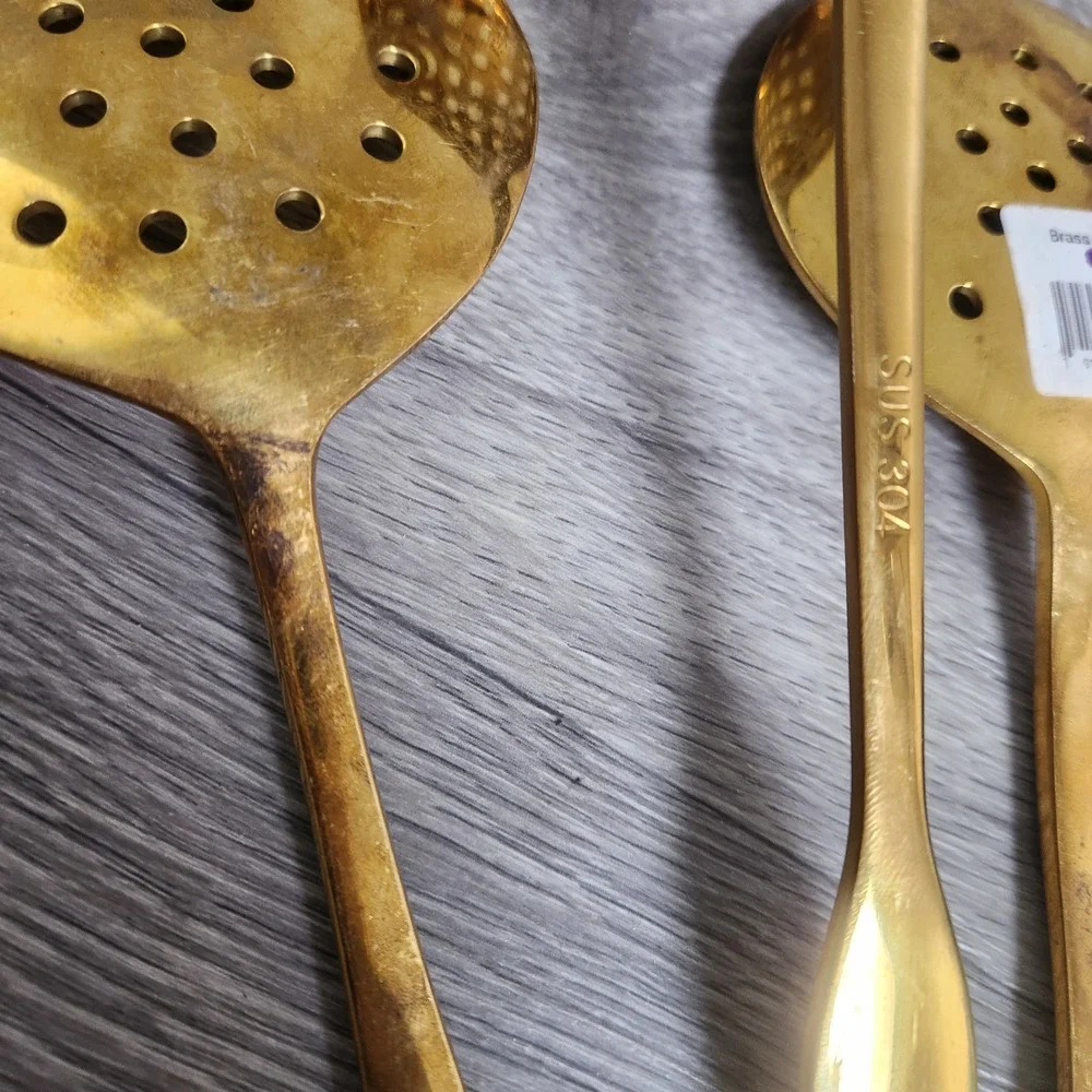 Never Used.  Brass Gold Tone Metal Slotted Spoons Skimmers Ladle Kitchen Gadgets
